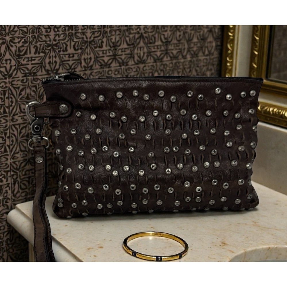 Frye Brown Studded Leather Wristlet Clutch